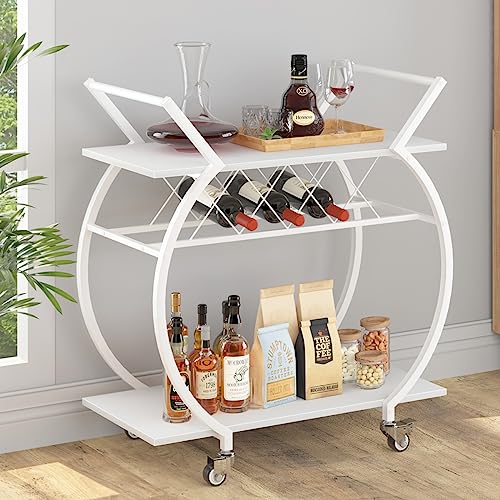 LVB Carrito Bar Blanco, Carrito para Bebidas Elegante, con Ruedas, Madera y Metal, para salón o Zona de Dining