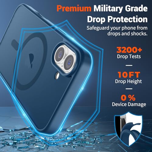 Image of SUPFINE Magnetic for iPhone 16 Case with Screen Protector (Compatible with MagSafe) (Military Grade Drop Protection) Translucent Matte Shockproof with Anti-Fingerprint Phone Case,Deep Blue