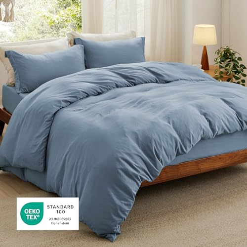 Image of Bedsure Duvet Cover Queen Size with Fitted Sheet - 4 Pieces Prewashed Cotton-Like Polyester Extra Soft Bedding Set, Includes 1 Duvet Cover 90x90 Inches, 2 Pillow Shams, 1 Fitted Sheet, Mineral Blue