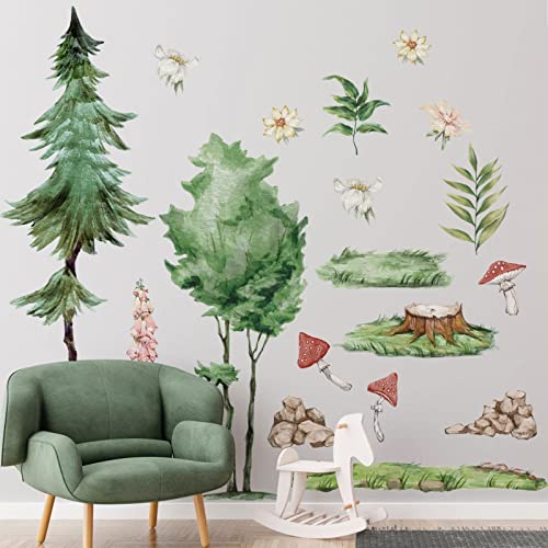 Image of Woodland Wall Decals Peel and Stick, Watercolor Forest Tree Wall Stickers Removable Trees Mushrooms Wall Art Decals for Babys Kids Room Nursery Playroom Classroom Decor 214
