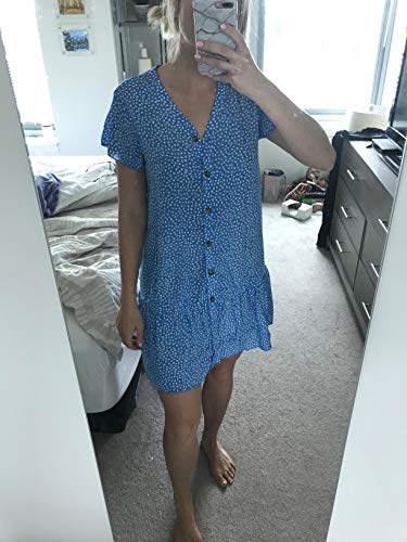Image of Imysty Womens Polka Dot V Neck Button Down Ruffles Loose Mini Short T-Shirt Dress