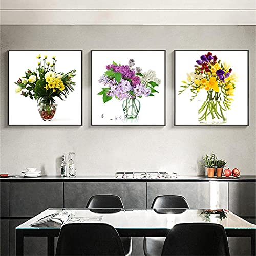 Toile peinture fleurs lilas affiche bouquet chrysanthèmes décoration murale triptyque 50x50cm
