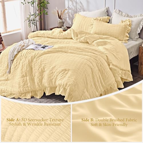Image of JOLLYVOGUE King Size Comforter Set, 3 Pieces Light Yellow Seersucker Comforters King Size, Lightweight & Fluffy Bedding Sets King for All Season with 1 Ruffle Comforter and 2 Ruffle Pillowshams