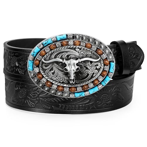 Western Genuine Leather Belt Cowboy Belt with Turquoise Oval Buckle for Men Women Jeans