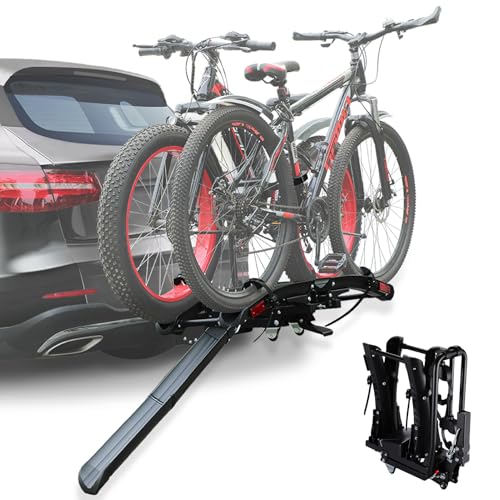 Terriplaze Ebike Rack Hitch Mount with Ramp for 2' Receiver, 2 Bike Rack for Car/SUV, Up to 5’’ Fat Tire, 160 lbs Capacity, with Locks, Tiltable, Wheels for Easy Transport