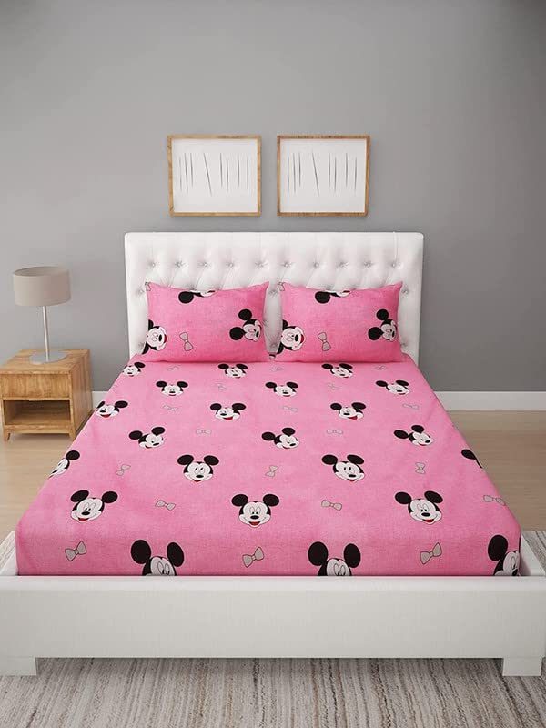 Delight Zone 160TC Supersoft Glace Cotton Double Bedsheet with 2 Pillow Covers (Multicolour, Size 90 x 90 Inch) - Pink Mickeys-Gold - M