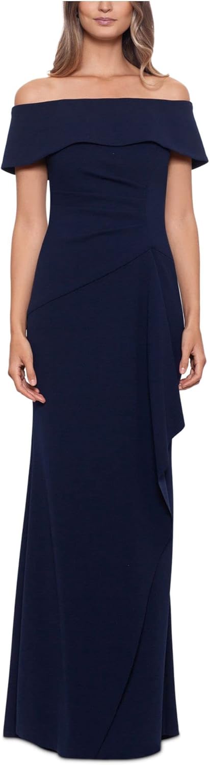 Xscape Long Scuba Crepe Off-The-Shoulder Dress Navy 12
