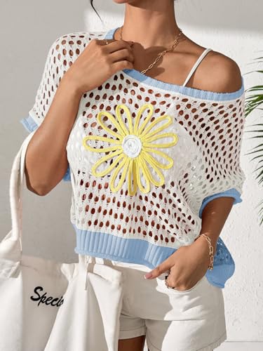 Image of OCSTRADE Summer Crochet Tops for Women Boho Crop Hollow Out Sweaters Beach Vacation Knit Cover Ups