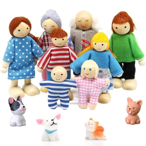 Famille de Poupées en Bois Set 12 Pièces Ensemble Famille Poupées en Bois pour Maison Personnages de Maison de Poupée avec Chat et Chien pour Accessoires...