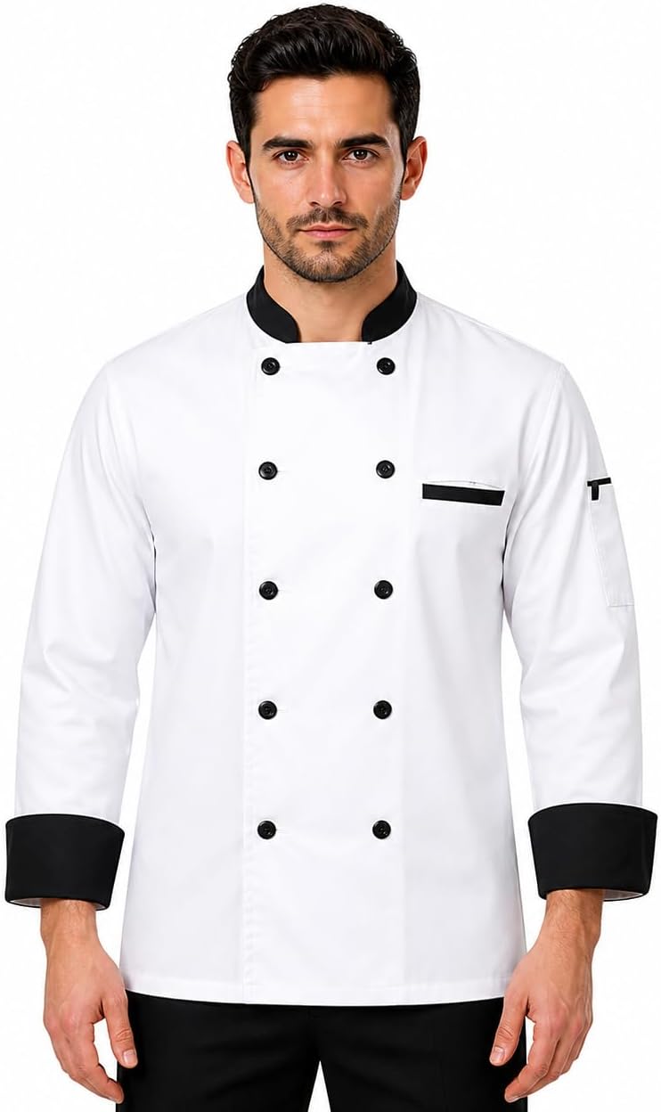 KODENIPR CLUB White Chef Coat Black Collar Full Sleeves for Men & Women | Poly Cotton Chef Jacket | Double Breasted Kitchen Uniform with Thermometer Sleeve Pocket | Size (X-Large(42))