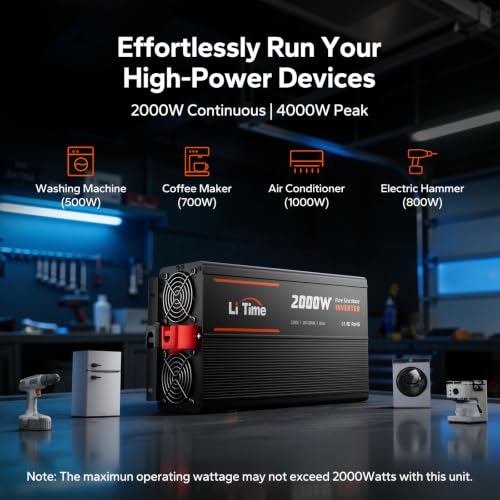 Image of LiTime 12V 2000W Pure Sine Wave Power Inverter, 4000W Surge Power for RVs
