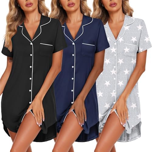 Ekouaer 3 Pack Women's Nightgown Button Down Sleepshirts Short Sl...