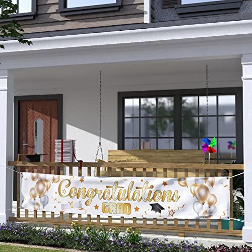 Large Congratulations Grad Banner Graduation Decorations 120"X20" Class Of 2023 Backdrop Congrats Party Supplies Yard Sign Double Printed Graduate Decor Balloons Stars Booth Prop Hanging Background Fabric Polyester With Brass Grommets Outdoor Indoor Gifts House Garden Photography #TOP1