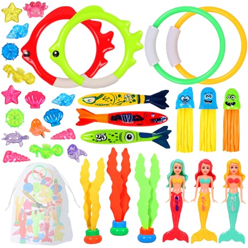 SinHin 33 PCS Diving Toys for Swimming Pool Sinkies for Kids Swimming Underwater Diving Toys Set with Diving Mermaids Torpedo Seagrass Marine gem Diving Rings and Stringy Octopus for Summer Pool Party