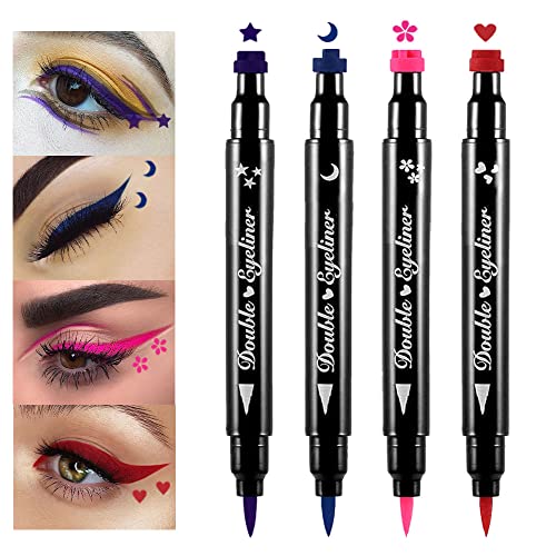 cheap makeup eye liner - evpct 4 in 1 Stars Flowers Hearts Moon Face Stamps Eyeliner Makeup Set,Purple Blue Red Pink Star Heart Colored Liquid Winged Eyeliner Stamps Wingliner Star Shapes Eye Liner Wing Eyeliner Stamp Tool 2