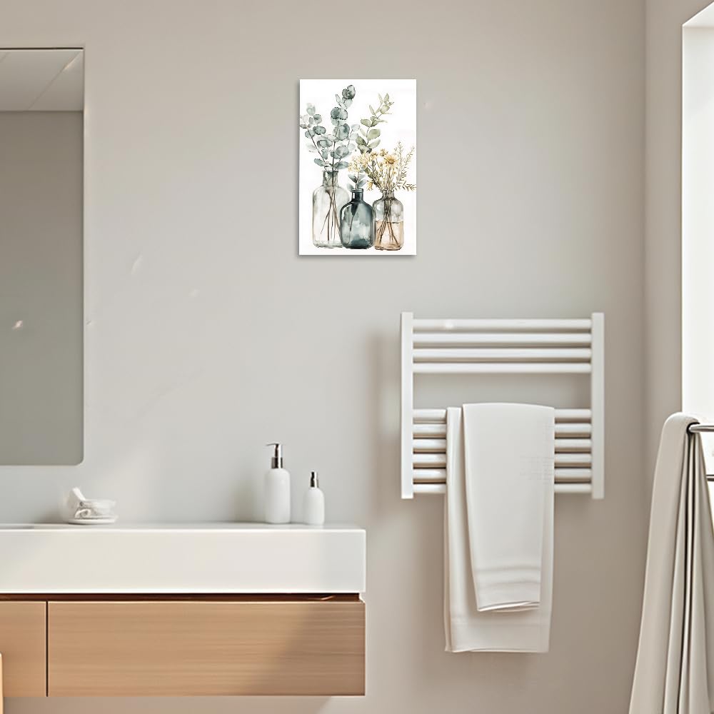QIXIANG Kunstdruck auf Leinwand, Motiv: Eukalyptus-Salbei, grüne Blumenblätter, Bilddrucke, Boho, Wildblume, botanisches Gemälde für Wohnzimmer, Badezimmer (weiß, 40,6 x 61 cm)