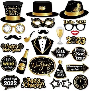 Dusenly 25pcs 2023 New Year's Eve Photo Booth Props Black Golden Funny Happy New Year Photo Props for 2023 New Years Eve Party Decorations