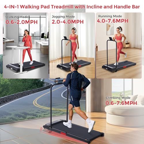 Image of Walking Pad Treadmill with Handle Bar and Incline, 3.5HP Electric Small Treadmills for Home Small Spaces, 0.6-10MPH Portable Mini Treadmills for Home Exercising, Compact Treadmill with Handles, 400LBS