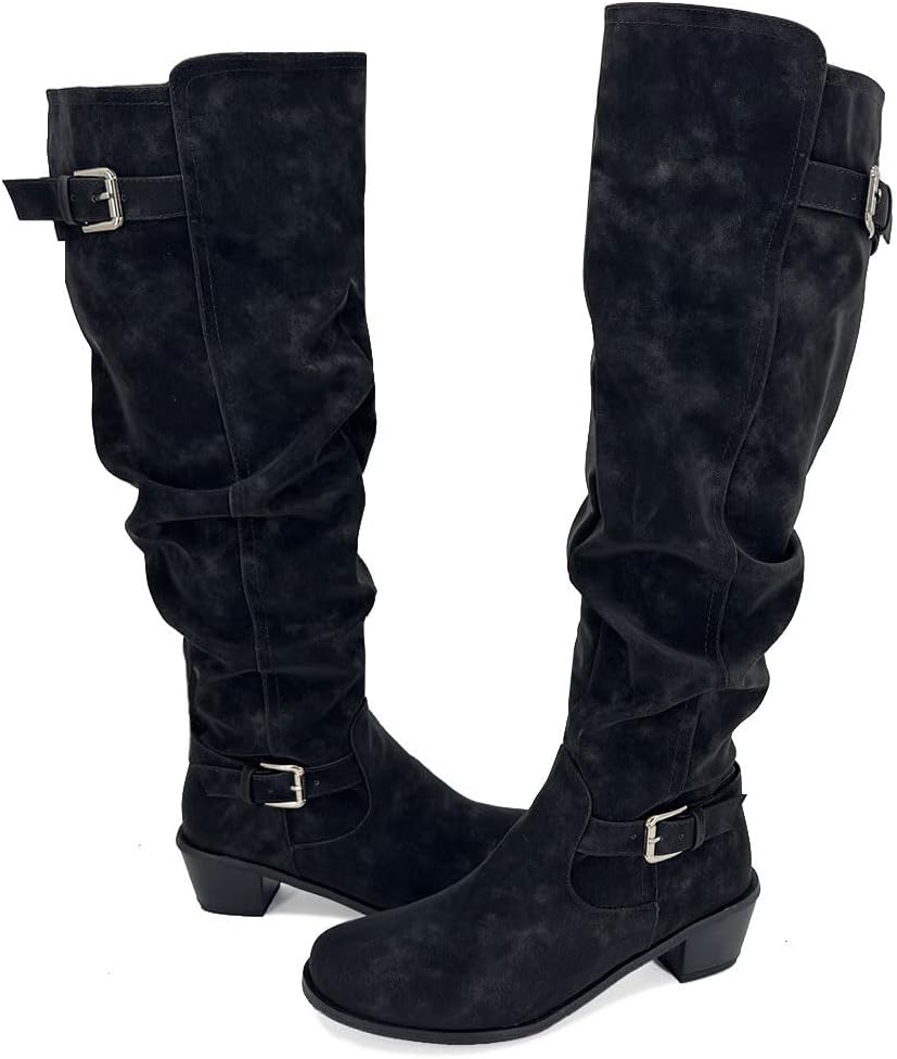 YING LAN Women's Wide Calf Knee High Boots Leather Chunky Heel Round Toe Side Zipper Riding Boots