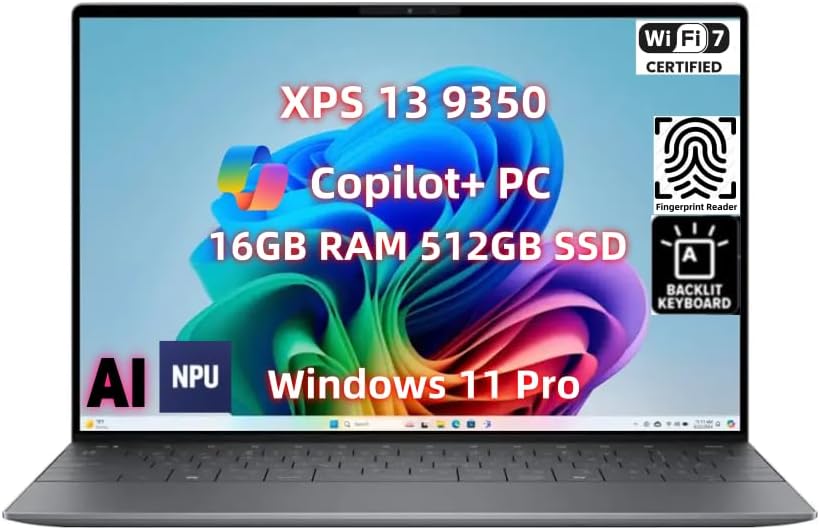 NewDel.l XPS 13 9350 Laptop, Copilot+ AI PC Business (13.4" FHD+ 120Hz InfinityEdge, Core Ultra 7 w/AI NPU, 16GB LPDDR5X RAM, 512GB SSD), Backlit KB, Fingerprint, Light & Thin, Wi-Fi 7, Win 11 Pro