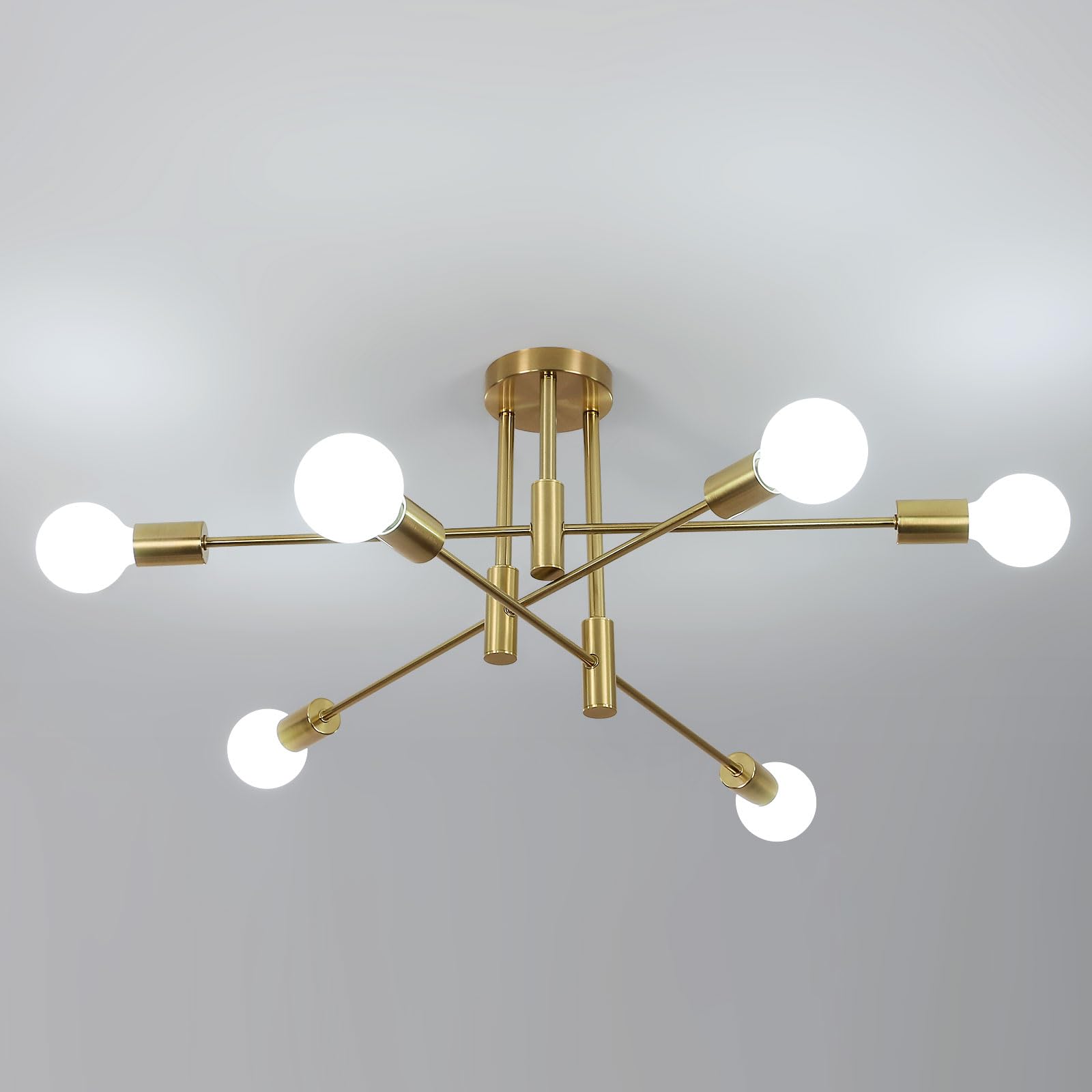 Goeco Lustre Sputnik Industriel 6 Lumières Douille E27 Lampe Suspension Vintage Plafonnier Doré Moderne en Metal pour Salon Chambre Cuisine, Max.60W Ampoules non incluses