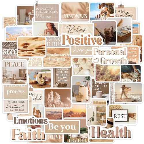 50PCS Motivational Quote Stickers Minimalist Neutral Aesthetic Self Growth Stickers for Women Teens Vinyl Decals for Planners Journals Vision Board Supplies Water Bottle Laptop