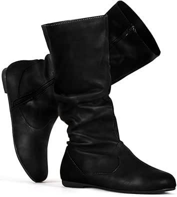 Women's Slouchy Mid Calf Boots Zip Up Flat Boots