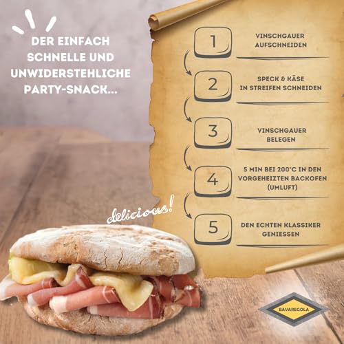 BAVAREGOLA Südtiroler Bauerntoast – Partysnack-Set mit 6 Vinschgauer Broten, 200g Südtiroler Speck g.g.A. & 250g Bauernkäse – Original Südtiroler Spezialitäten für Genießer