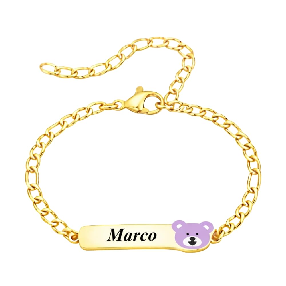 Bracciale Bimbo Bimba Personalizzato Personalizzabile con Incisione Nome in Acciaio Inox Dorato – Ciondolo Orsetto Smaltato – Braccialetto Bambino Bambina Regolabile – Idea Regalo