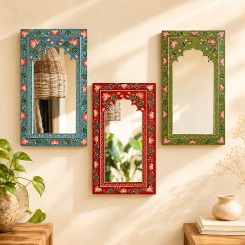 Image of Multicolour Handpainted Wooden Mirror (Set of 3) | Handcrafted Arch Design with Floral Motifs | Rajasthani Jharokha Style Mirror | Framed Wall Hanging for Home, Bedroom | 18x9.5 Inch