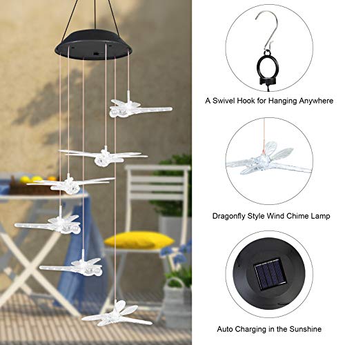 image for YHmall Dragonfly Wind Chimes for Outside, LED Lights Solar Wind Chimes