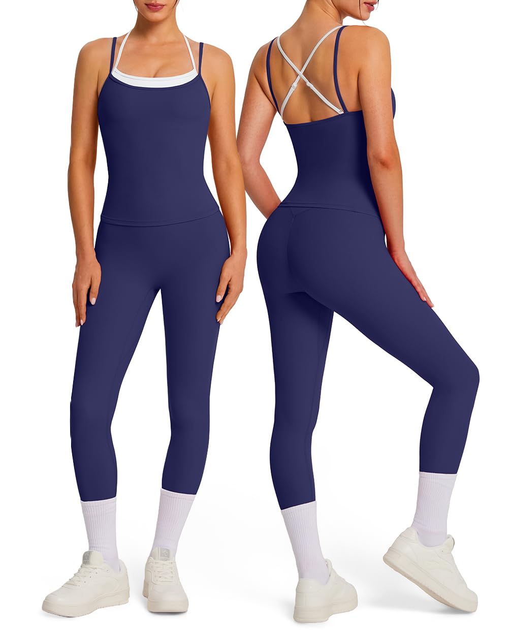 OMKAGI Double Layer Workout Sets for Women Open Back Tank Booty Gym Outfits