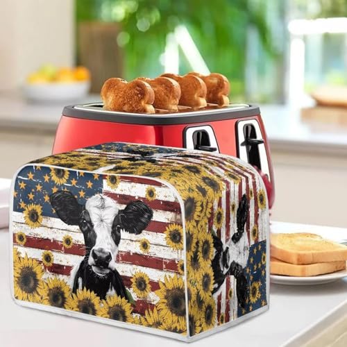 Image of Talayituse Cow Sunflower American Flag Print 2 Slice Toaster Covers Dust Protection Bread Maker Covers Toaster Oven Cloth Cover Kitchen Accessories Washable Appliance Cover, S