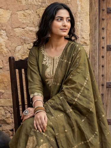 Image of INDO ERA Women's Viscose Self Design Straight Kurta with Pant & Dupatta Set