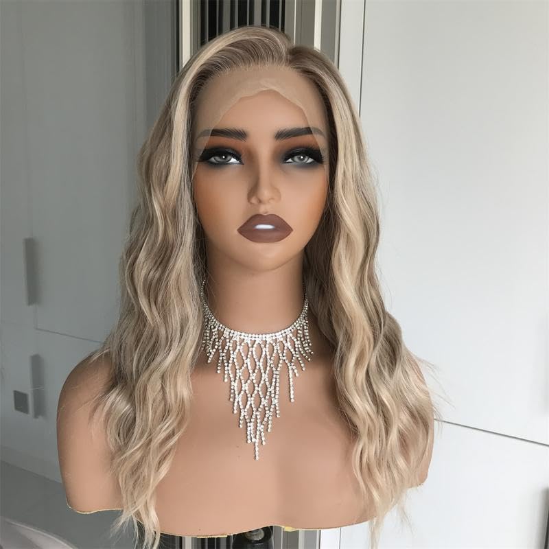 AlSOM Mila Warm Blonde Scandinavian Hairline Water WaveFree Part Lace Front Wig 16 Inch Low Density Synthetic LaceWig for Women Daily Use