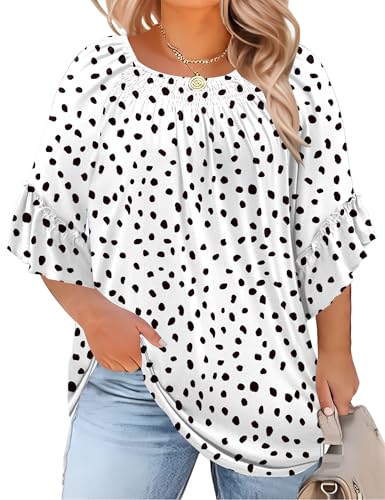 Image of Micoson Womens Plus Size Tops 3 /4 Ruffle Sleeve Crewneck Pleated Shirts