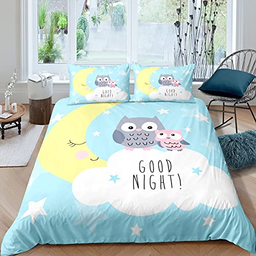 feelingyou Juego de funda nórdica de 135 x 200 cm, diseño de búhos de dibujos animados, funda de edredón para niños, niños, dormitorio, estrellas y luna amarilla, juego de cama con 1 funda de almohada