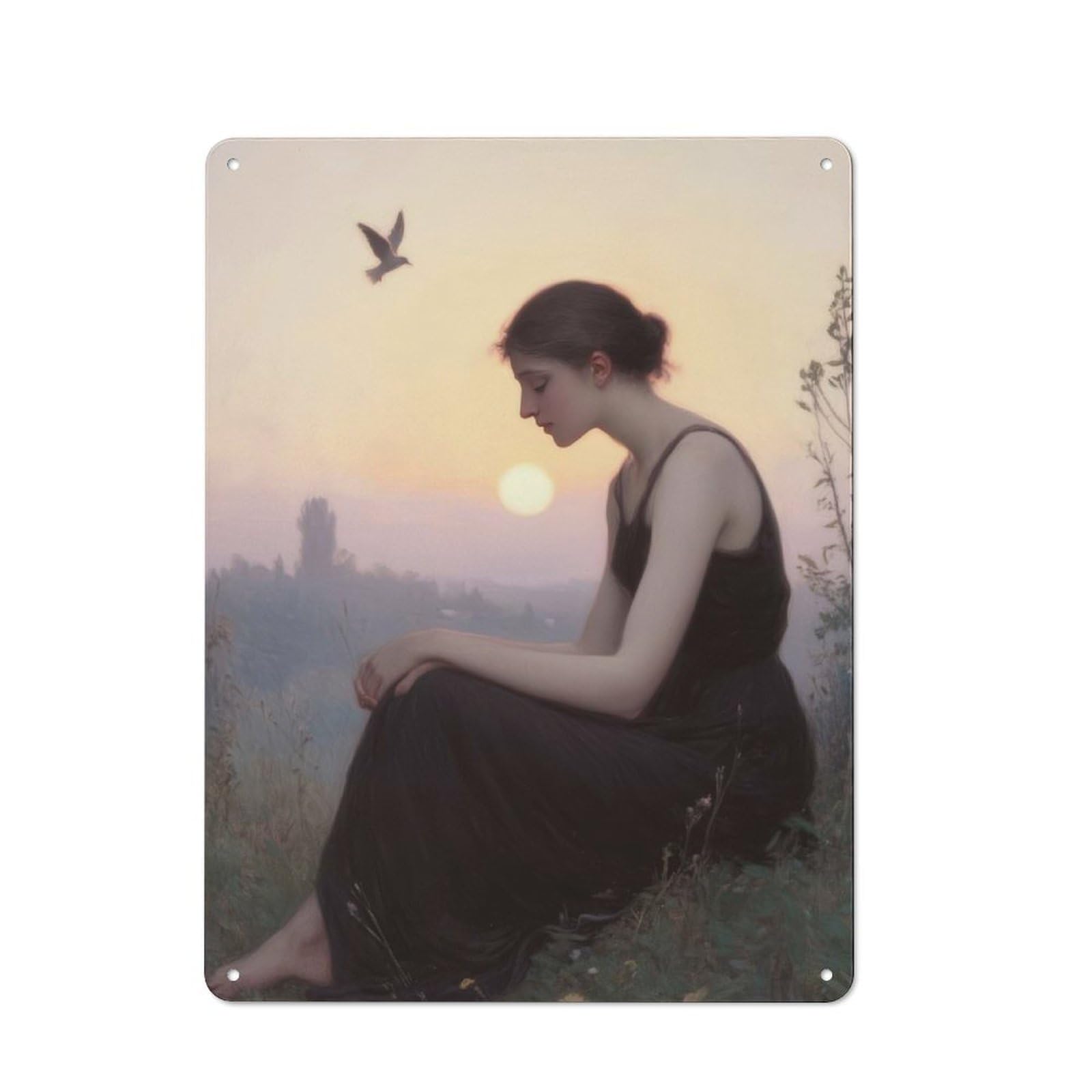 Retro Metal Sign 40x30cm Featuring Woman in Black Dress at Sunset, Home Bar Decor for Pub, Home Bar, Shed Or Man Cave