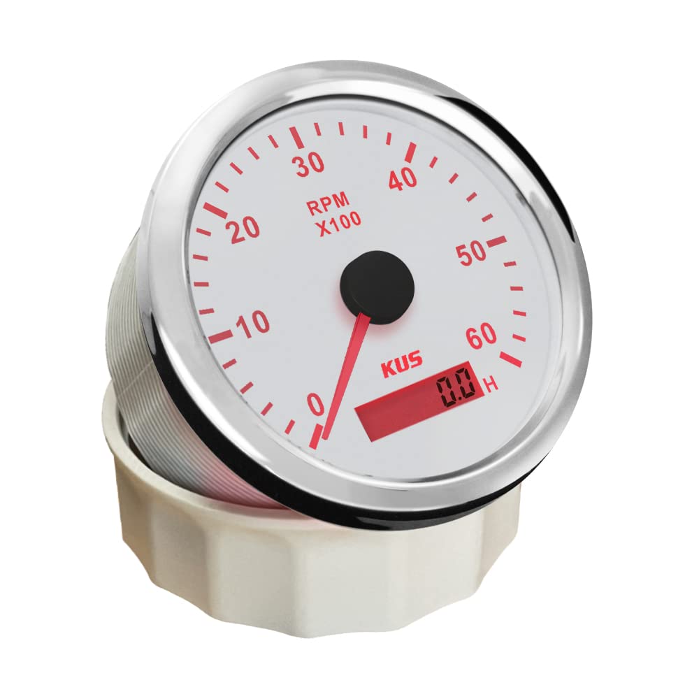 KUS Drehzahlmesser Drehzahlmesser mit Betriebsstundenzähler 6000RPM 85 mm 12V/24V mit Hintergrundbeleuchtung (weiß)