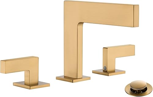 Grifo de lavabo de baño generalizado de cascada de 2 manijas con conjunto de drenaje, latón cepillado dorado