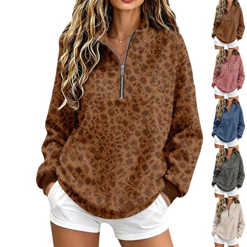 3/4 Zip Pullover Womens Leopard Print Mockneck Fleece Oversized Sweatshirt - image 1