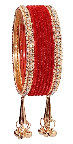 Image of NMII Metal with Zircon Gemstone and Velvet Studded Bells Latkan Bangles Set For Girls and Women I Latkan Bangles, Premium Bangle Bracelet Set I Pack of 16 Bangles