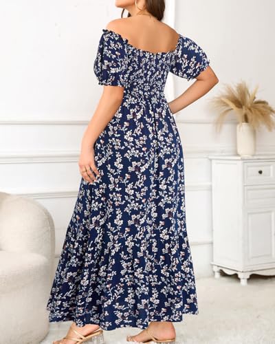 Image of Plus Size Sun Dresses Women - Summer Off the Shoulder Puff Sleeve A Line Boho Maxi Flow Long Dress 2025