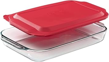 3L Borosilicate Bakeware Set inc Glass Roaster 39cm L x 23.5cm W x 5cm H with Clip Lid & Chrome Stand.