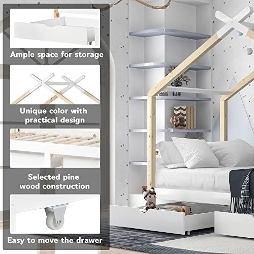 Wooden House Bed with Two Storage Drawers for Kids, Solid Pine Wood, 3 FT Single Tree House, Canopy Bed for Children Girls and Boys, 190*90 cm (Natural)