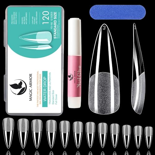 MAGIC ARMOR 120 Pièces Stiletto Faux ongles avec colle à ongles set 12 Tailles Capsules Ongles Amande Couverture Complète Gel x pose Americaine Soft Gel Stiletto Nail Tips pour DIY Nail Art