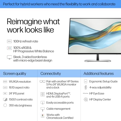 Image of HP Series 5 Pro 24 inch 100Hz WUXGA IPS Monitor Adjustable Tilt, Swivel, Pivot | Anti Glare, Flicker Free, VESA Mount (100mm) & Dockztorm USB Port Expander, Black /Silver (9D9A7AA#ABA)