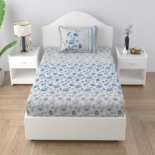 Image of Mafatlal 186 TC Spring Glory Graceful Pure Cotton Single Flatsheet (60 x 90 Inch) | Breathable Summer Comfort | Wrinkle-Free Floral Bedsheet with 1 Pillow Cover, Floral Blue