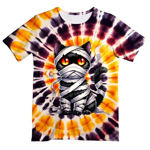 UGTEWXU Kids Happy Halloween Tie Dye Shirt for Girls Boys Cats Shirts Orange Purple T-Shirt Hippes Tee 6-16 Years Age Size Small