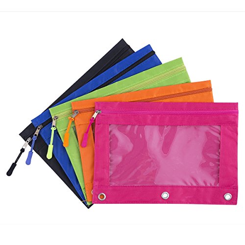 Binder Pencil Pouch With Zipper Pulls, Pencil Case With Rivet Enforced 3 Ring, Multicolored 5 Pack #TOP1